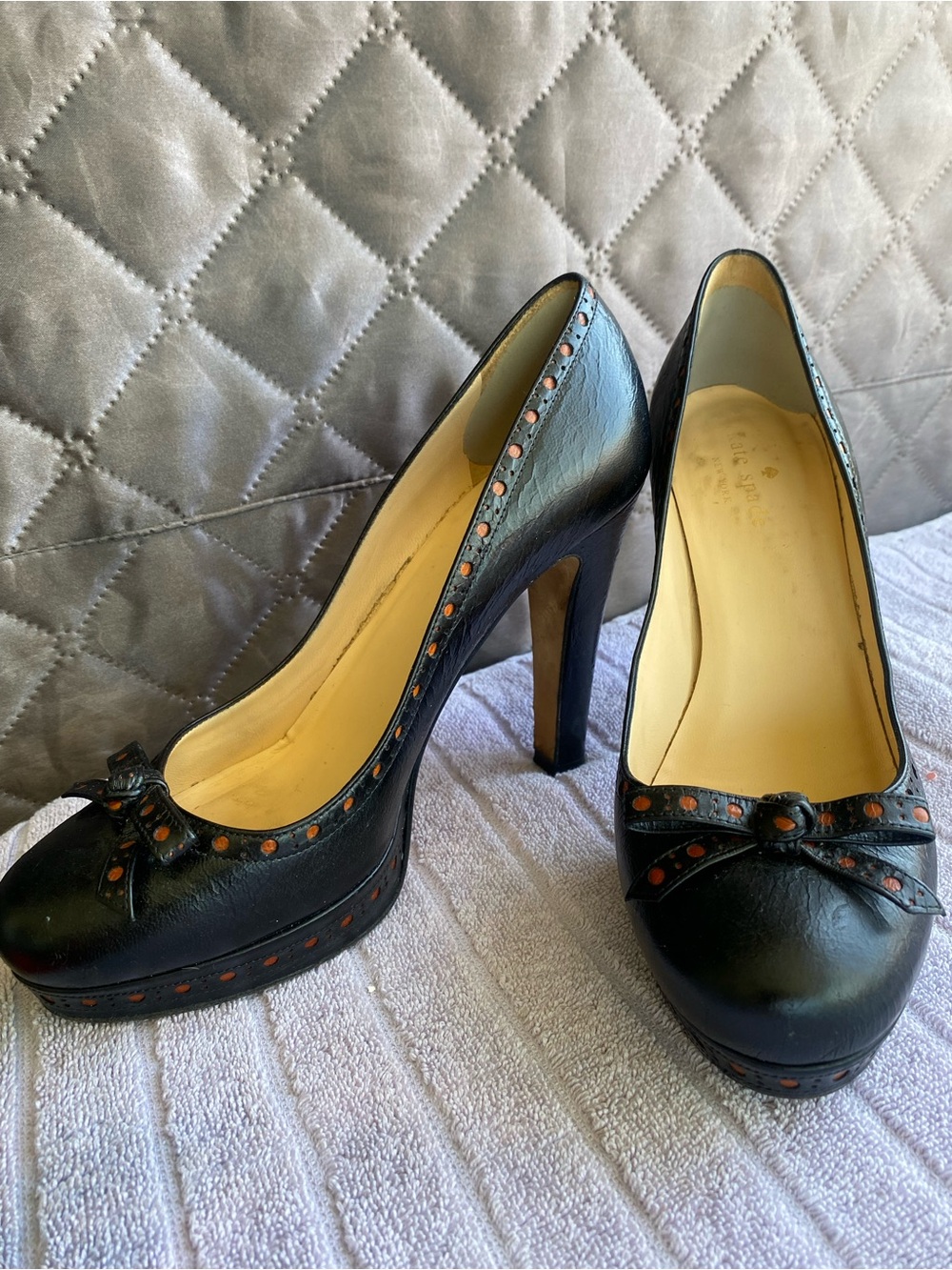 Kate Spade Black Leather Brogue Platform Pumps Bow Detail Heels-fair